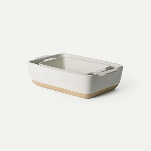 Mora Ceramic Set of 2 Baking Dishes For Casserole, Banana Bread, Brownies, Broiling, Roasting, and Baking. 7x11 in and Loaf Pans - Porcelain Serving Bakeware from Oven to Table. Freezer Safe - Oat by MORA