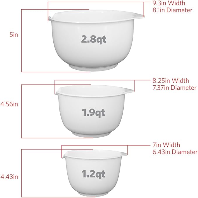 Glad Mixing Bowls with Pour Spout, Set of 3 | Nesting Design Saves Space | Non-Slip, BPA Free, Dishwasher Safe Plastic | Kitchen Cooking and Baking Supplies, White - Image 3