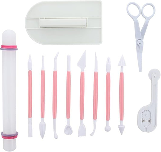 ScivoKaval Marshmallow Fondant Cake Decorating Hand Tool 12 Pcs 5 Sets Sugarcraft Gumpaste Icing Smoother Rolling Pin Trimmer Cutter Embosser Flower Scissor Modelling Accessories Supplies Kit Pink by ScivoKaval