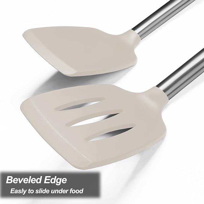 2 Pack Spatulas, Solid & Slotted Silicone Spatula Set, Stainless Steel Handle Coated with Silicone, Non Stick Turners, Heat Resistant Rubber Spatulas for Fish, Eggs, Pancakes, Khaki - Image 7