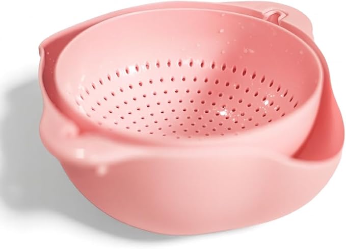 Kitchen Pro Double Rotatable Colander, Blue and Pink Plastic Vegetable and Fruit Strainer Bowl with Dual Draining Baskets, Kitchen Sink Drainer (Light Pink)