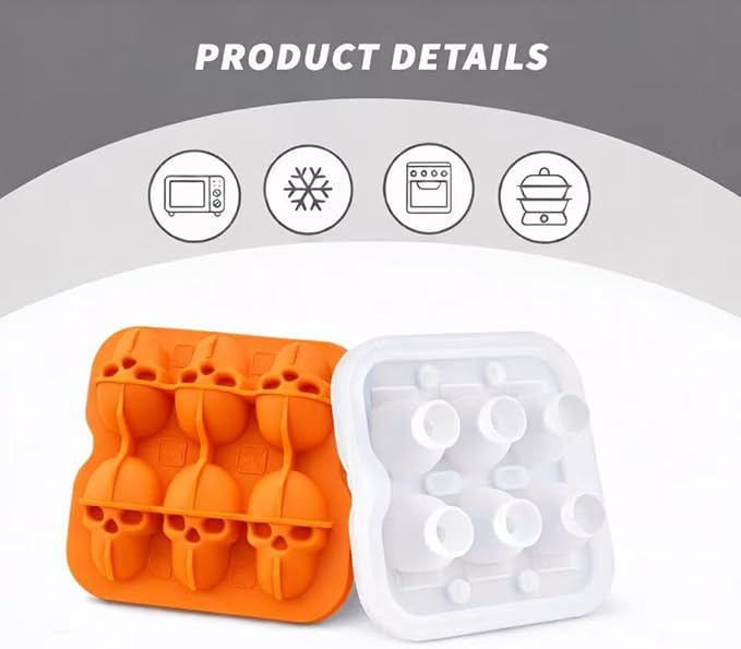 Skull Ice Cube Mold, 6-Cavity Silicone Ice Tray for Whiskey, Cocktails, and Beverages, Food-Grade Flexible Ice Maker for Halloween & Party Drinks, Easy Release & Dishwasher Safe (Orange)