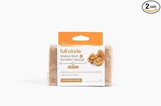 Full Circle Walnut Scrubber Sponges, Pack of 2 – Dual-Sided, Plant-Based & Recycled Kitchen Sponges, Gentle on Nonstick Cookware by FULLCIRCLE