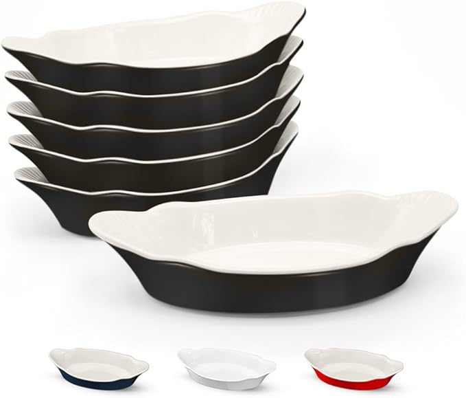 Au Gratin Baking Dishes, by Kook, Mini Casserole Dish, Set of 6, for Banana Split, Oven and Microwave Safe, Dishwasher Safe, Ceramic Serving Dishes, Lasagna & Cobblers, Individual Serving, 12 oz (Black) by Kook