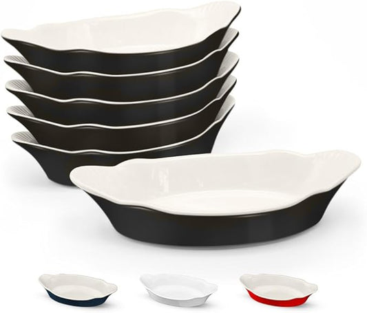 Au Gratin Baking Dishes, by Kook, Mini Casserole Dish, Set of 6, for Banana Split, Oven and Microwave Safe, Dishwasher Safe, Ceramic Serving Dishes, Lasagna & Cobblers, Individual Serving, 12 oz (Black) by Kook
