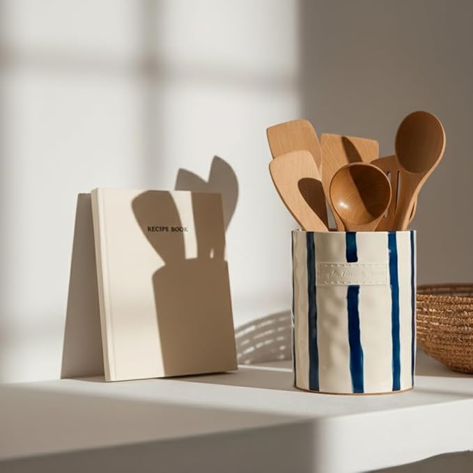JIEMEI HOME Kitchen Utensil Holder, 7.2" Ceramic Stable Utensil Crock for Countertop, Modern Minimalism Style Cooking Tool Organizer with Cork Mat, Spatula Holder For Kitchen Decor, Blue stripes - Image 6
