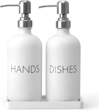 White Dish and Hand Soap Dispenser Set - Glass Kitchen Soap Dispenser with Tray and Stainless Steel Pump - for White Kitchen Decor and Accessories