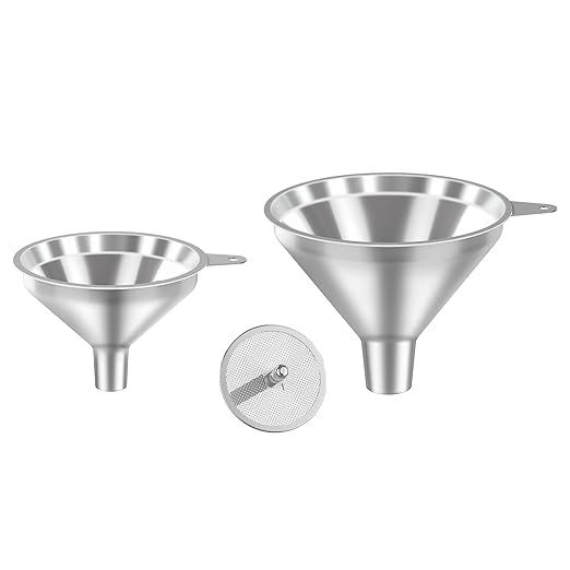 Serinar 3-Piece Stainless Steel Kitchen Funnel Set for Kitchen Bottle Filling, 2 Funnel Sizes and 1 Strainer for Oils, Liquids, Fluids, Dry Ingredients and Powders, Durable, Washable by serinar