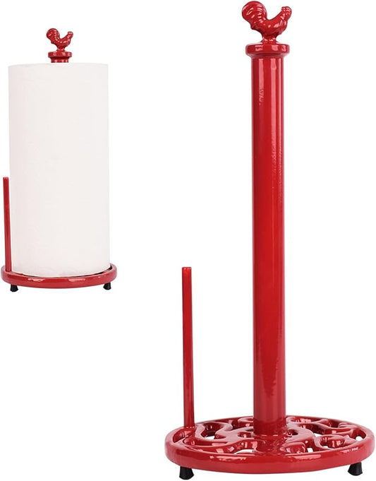 Vintage Red Rooster Cast Iron Paper Towel Holder for Kitchen Countertop - Farmhouse Decor Freestanding Dispenser with Heavy Base, Fits Jumbo Rolls, Easy One-Handed Tear