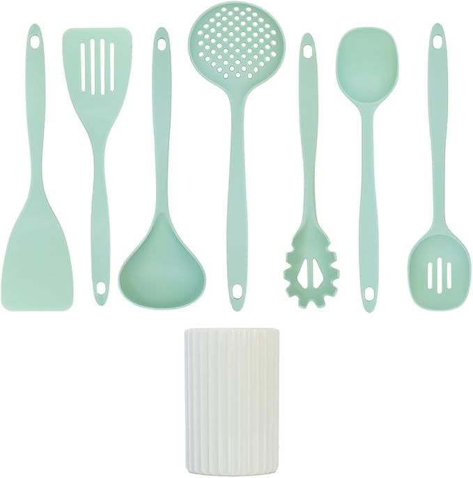 Glad Kitchen Utensils Set, 8pcs - Nonstick Cooking Tools with Utensil Holder - Nylon Spoon, Ladle, Skimmer, Spaghetti Server, and Turner Spatula Set - Dishwasher Safe, Teal Green - Image 2