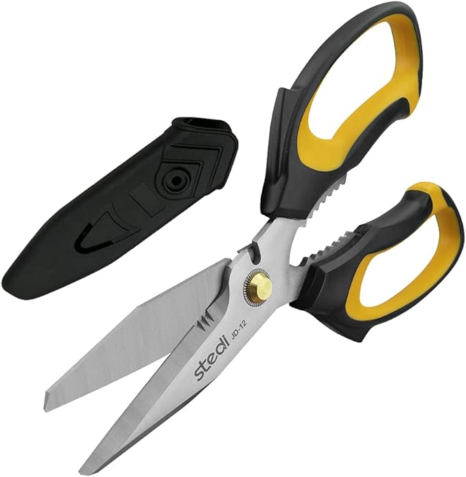 Stedi Scissors Heavy Duty 8-Inch,Multipurpose Scissors,Sharp Stainless Steel Shears with Serrated Edge & Protective Cover,Non-Slip Handle,Easy Cutting Cardboard, Carpet,Leather, Fabric, Wires, Yellow by Stedi