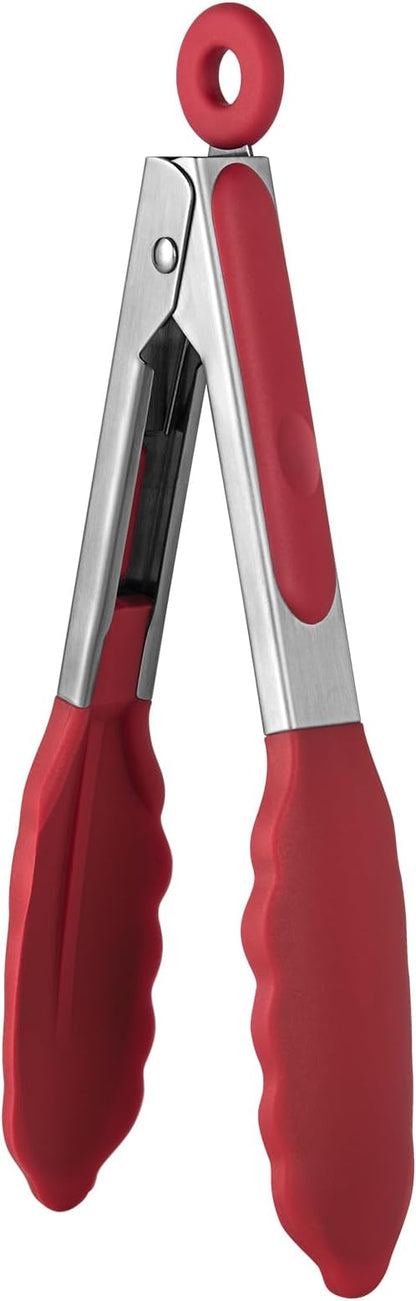 600ºF Heat Resistant Kitchen Tong: U-Taste 7 inch Silicone Cooking Tong with Firm Sealed Non Stick Rubber Tips & Silicon Coated 18/8 Stainless Steel Handle & Smooth Locking for Serving Salad (Red) by U-Taste