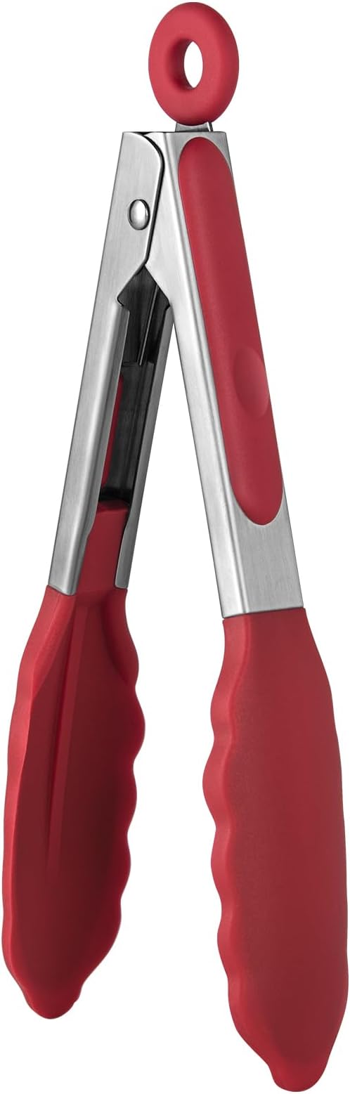 600ºF Heat Resistant Kitchen Tong: U-Taste 7 inch Silicone Cooking Tong with Firm Sealed Non Stick Rubber Tips & Silicon Coated 18/8 Stainless Steel Handle & Smooth Locking for Serving Salad (Red) by U-Taste