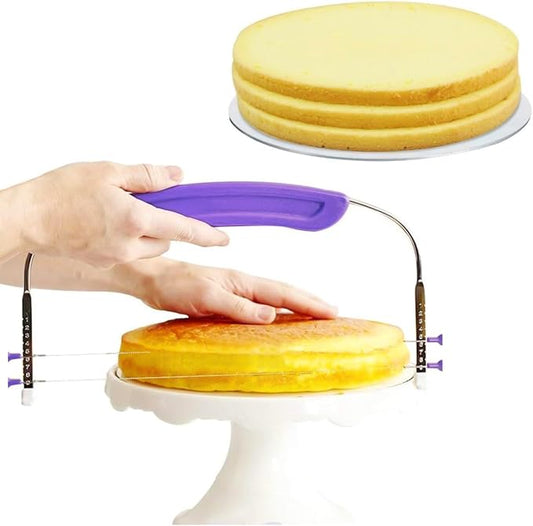 Adjustable 2- wire Cake Slicer Leveler Small Cake Cutter Slicer for Leveling Tops of Layer Cakes Professional Baking Tool with Stainless Steel Wires and Purple Handle