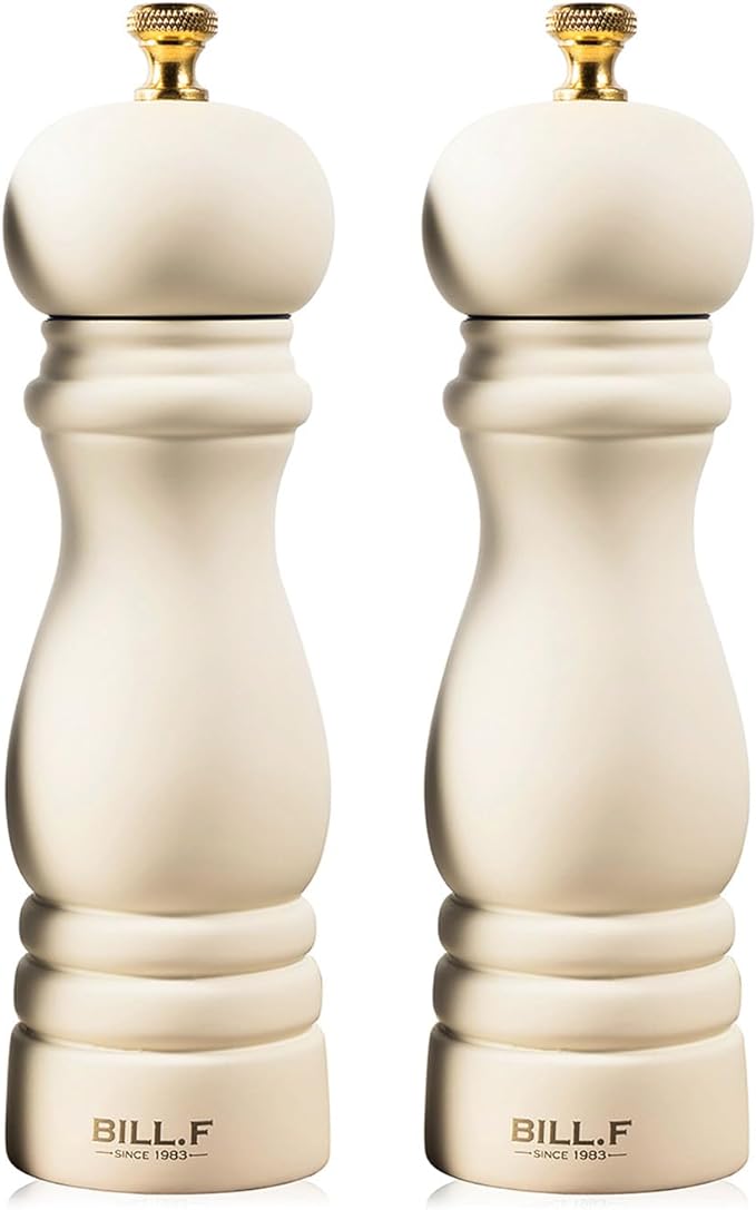 BILL.F Salt and Pepper Grinder Wooden Pepper Mill Grinder White Salt Pepper Shakers Set of 2 with Adjustable Ceramic Rotor- 7 Inch by BFBILLFSINCE1983