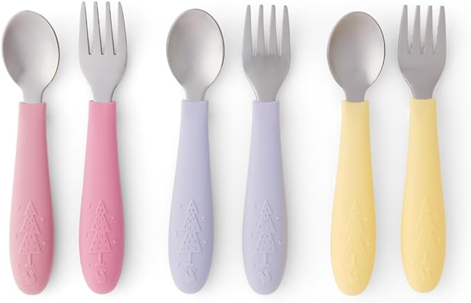 Elk and Friends Kids Silverware with Silicone Handle | Childrens Safe Flatware | Toddler Utensils | Baby Spoons + Forks | Stainless Steel Cutlery | Dishwasher Safe | 6 Pieces by ElkandFriends