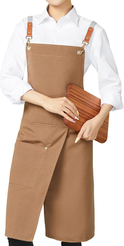 KITCHIEF Pottery Apron Split Leg,Cross Back Chef Apron with Pockets,Painting Apron with Adjustable Straps for Cooking,Baking,BBQ,Ceramic,GardeningQ(Brown)