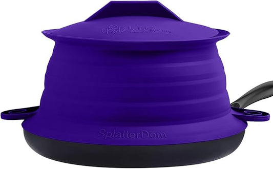 L.I.Q Silicone Splatter Guard – Fits 10 and 12 Inch Pots (25 and 30 Centimeters) – Microwave Safe and Durable SplatterDom - Includes 10” Lid - Food and Oil Splash Guard (Violet, Large)