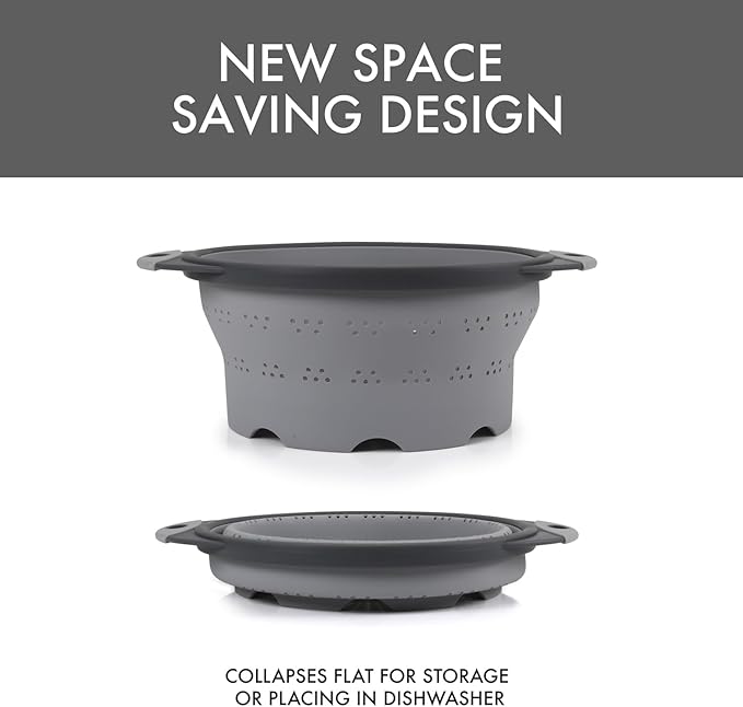 Dexas 10" Collapsible Silicone Colander in Cool Grey, Kitchen Strainer with Handles, 15.1 Cup Capacity | BPA-Free, Heat-Resistant, Space-Saving Kitchen Tool - Image 6