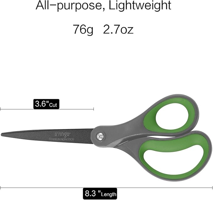 LIVINGO Sharp Scissors All Purpose - 2 Pack 8 Inch Titanium Coated Non Stick Steel Shears Heavy Duty for Office Home School Sewing Crafting Cutting Paper Fabric, Comfortable Grip (Gray & Green) - Image 2