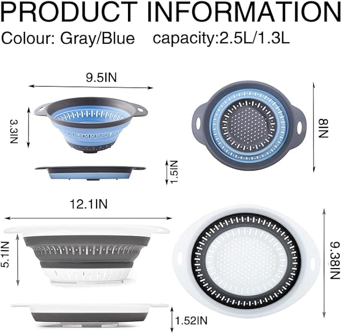 Collapsible Colander Set, Square Round Triangles Silicone Kitchen Strainer Perfect for Draining Pasta Vegetable fruit 2 PCS (Gray&Blue, 12"L x 9.5"W x 2.3"H) - Image 2