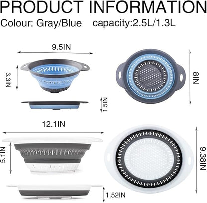 Collapsible Colander Set, Square Round Triangles Silicone Kitchen Strainer Perfect for Draining Pasta Vegetable fruit 2 PCS (Gray&Blue, 12"L x 9.5"W x 2.3"H) - Image 2