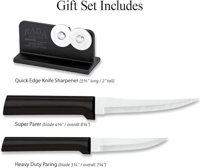 Rada Cutlery Paring Plus Sharpener Set (G236), 3-Piece Knife Set with Quick Edge Knife Sharpener, Stainless Steel Blades, Black Handle