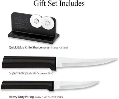 Rada Cutlery Paring Plus Sharpener Set (G236), 3-Piece Knife Set with Quick Edge Knife Sharpener, Stainless Steel Blades, Black Handle