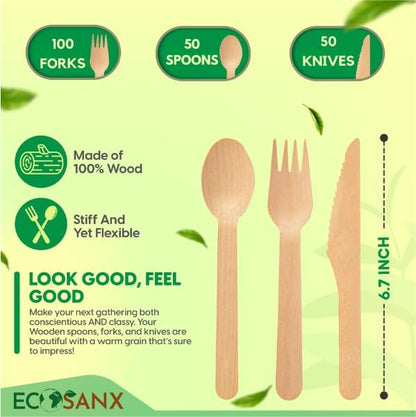 ECOSANX® 200 PCs Disposable Wooden Cutlery set 6.5" Splinter Free Compostable Utensils for party, Eco-Friendly, 100% All-Natural Bamboo Utensils set for picnic, Bamboo cutlery set for Events & More - Image 2