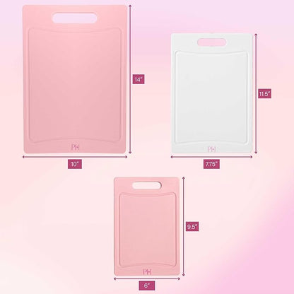 Paris Hilton Cutting Boards, Dual-Sided Cutting Board Set with Built-in Juice Grooves, Easy-Grip Handles, Heavy-Duty Plastic Made without BPA, Dishwasher Safe, 3-Piece Set, Pink and Cream - Image 7
