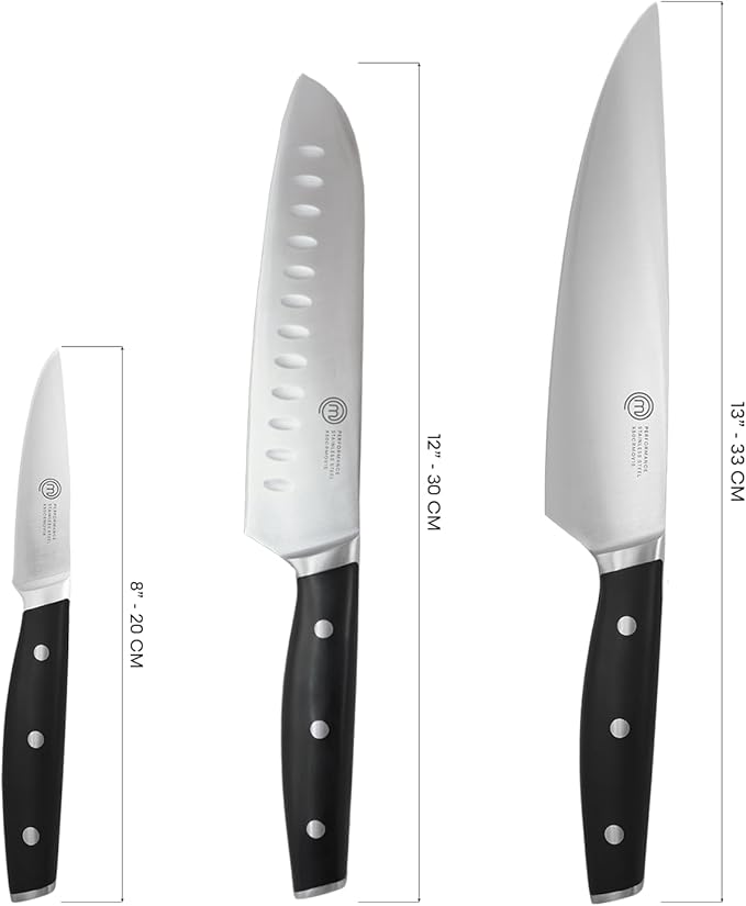 MasterChef Chef Knife Set of 3 Professional Quality Kitchen Knives (Chef, Santoku & Paring) for Precision Home Cooking, High Carbon Stainless Steel Blades & Triple Riveted Handles