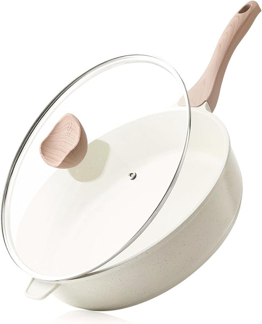 Kordisen Nonstick Ceramic Deep Frying Pan, 12 Inch Non Toxic Large Skillet with Lid, 5 Qt Healthy Jumbo Cooker, Saute Pan for Cooking, Induction Cookware, PFOA & PFAS Free (Cream) by Kordisen