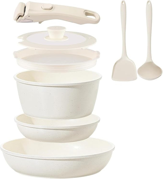 Ceramic Cookware Set Non Stick 8Pcs Pots and Pans Set Detachable Handle Induction Kitchen Cooking Set with Frying Pans Oven Dishwasher Safe, PFAS/PFOA Free, Cream White by COICUR