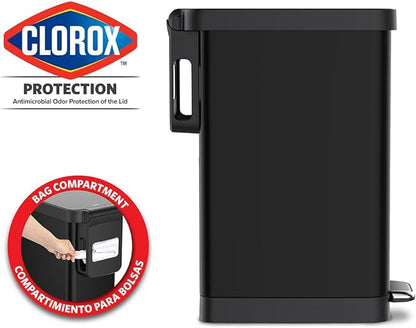 Glad Slim Trash Can with Clorox Odor Protection - Narrow Kitchen Garbage Bin with Soft Close Lid, Step On Foot Pedal and Waste Bag Roll Holder, Black, 12 Gallon/45 Liter - Image 2