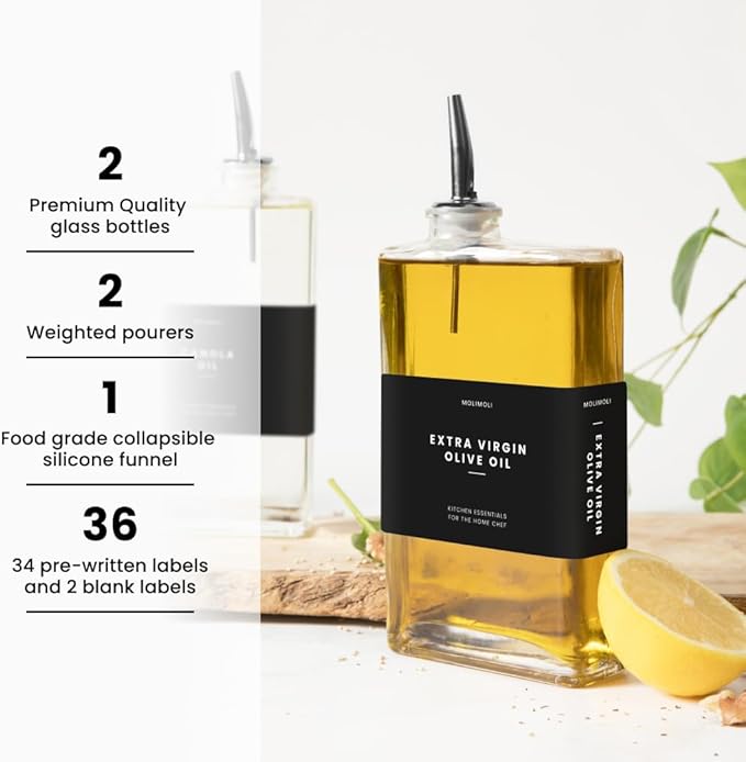 Molimoli Olive Oil Dispenser Bottle for Kitchen, Automatic Pourer, Glass Thin Bottle Dispenser for Kitchen, Olive Oil Cruet, | Set of 2 - Black - Image 2