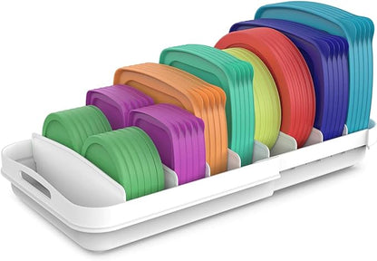 EVERIE Expandable Food Container Lid Organizer for Cabinet, Fits 12-Inch Deep or Deeper Cabinets , Adjustable 13.4" to 20.5", 10 Adjustable Dividers for lids , Drawer, Pantry and Kitchen Storage by EVERIE