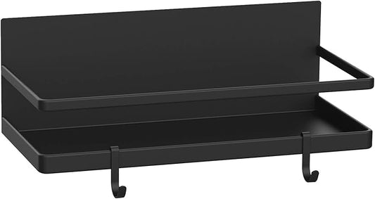 Magnetic Spice Rack, Strong Magnetic Shelf with 2 Removable Hooks, Perfect Space Saver for Small Kitchen/Apartment, Awesome Metal Cabinet for Holding Spices, Jars, Bottle, Beverage(Black)