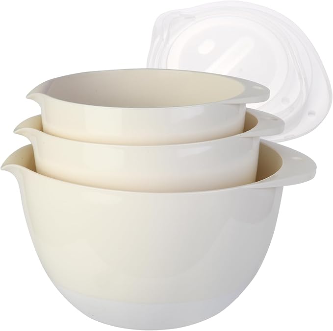 3 Plastic Mixing Bowls with Pour Spout,Lids and TPR Non-Slip Bottom,Small Nesting Batter Bowl Set for Kitchen Prep,Baking,Storage,BPA Free,Easy to Grip,1.5Qt,2Qt,3Qt,White