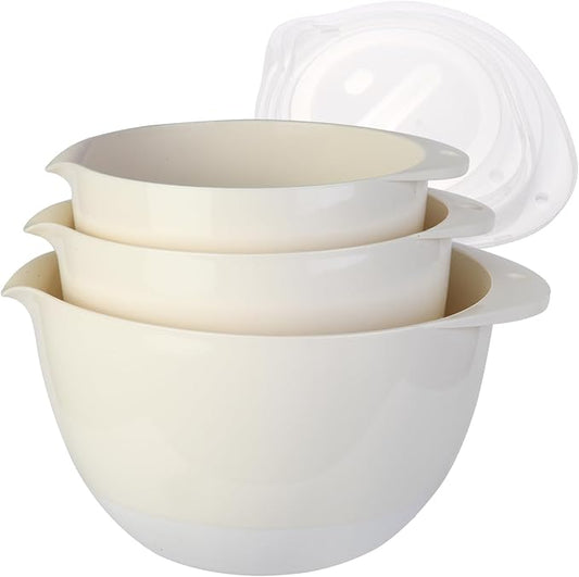 3 Plastic Mixing Bowls with Pour Spout,Lids and TPR Non-Slip Bottom,Small Nesting Batter Bowl Set for Kitchen Prep,Baking,Storage,BPA Free,Easy to Grip,1.5Qt,2Qt,3Qt,White