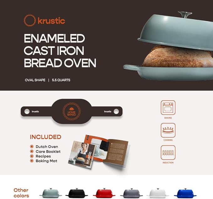 Krustic Enameled Cast Iron Dutch Oven for Professional Sourdough Bread Baking | 5.5 Quart Loaf Size Oval Cookware Pot with Lid | Triple-Layer Enamel Coating Pan with Non Stick Silicone Mat | Sea Salt