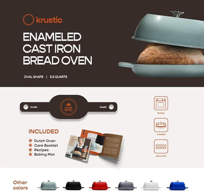Krustic Enameled Cast Iron Dutch Oven for Professional Sourdough Bread Baking | 5.5 Quart Loaf Size Oval Cookware Pot with Lid | Triple-Layer Enamel Coating Pan with Non Stick Silicone Mat | Sea Salt