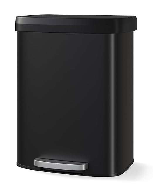 Garvee 16 gal / 60 L Metal Trash Can with Lid, Large Garbage Can for Kitchen, Rustproof Step-on Kitchen Metal Trash Bin with Liner Rim, Rear Handle, Soft Close Plastic Lid, Black by Garvee