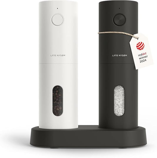 LARS NYSØM Electric Salt and Pepper Grinder Set, USB Rechargeable, Automatic Salt and Pepper Mills, Spice Shakers Refillable with LED Light, Adjustable Coarseness, Ceramic Grinder (Black/White) by LN
