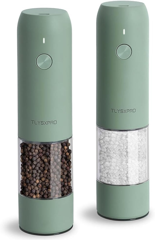 TLYSXPRO Electric Salt and Pepper Grinder Set, USB Rechargeable, Automatic Salt and Pepper Mill Grinder with Adjustable Coarseness, Electric Salt Shakers, LED Light, Refillable (2 Packs, Sage) by TLYSXPROOfficial