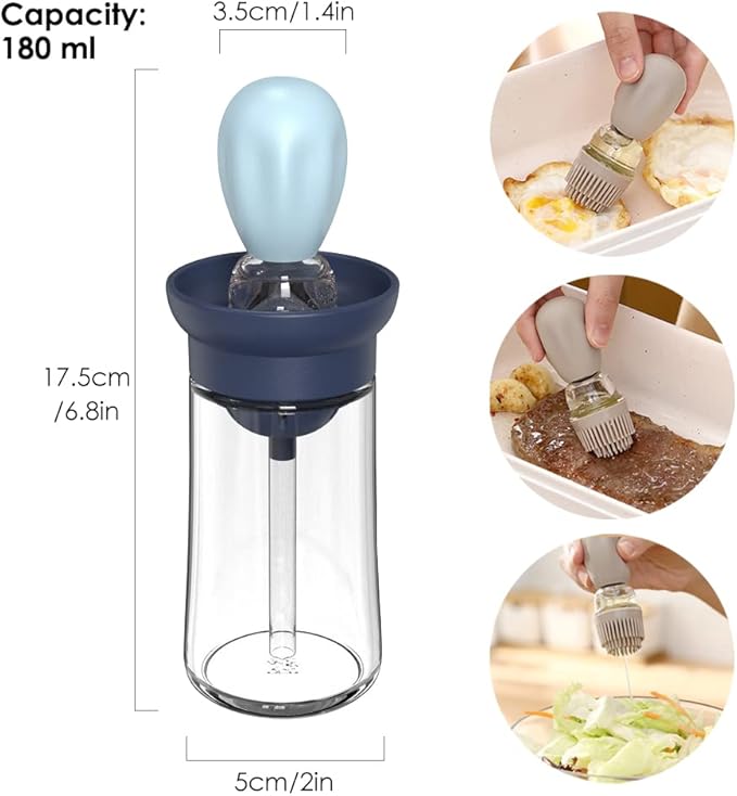 TINMIX Oil Dispenser with Brush - 2 Pack Glass Olive Oil Dispenser Bottle with Basting Brush for Cooking Frying Baking Kitchen 180ml, T-OB21 Blue - Image 2