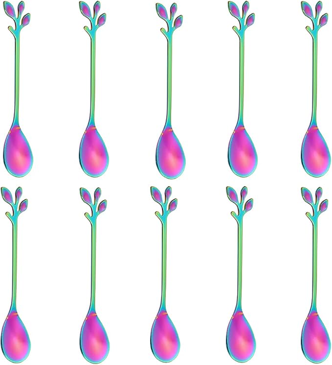 AnSaw Elegant Rainbow Leaf Coffee Spoons - 10-Piece, 4.7" Mini Stainless Steel Espresso & Dessert Tea Spoons, Perfect for Demitasse & Small Servings by AnSaw