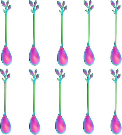 AnSaw Elegant Rainbow Leaf Coffee Spoons - 10-Piece, 4.7" Mini Stainless Steel Espresso & Dessert Tea Spoons, Perfect for Demitasse & Small Servings by AnSaw