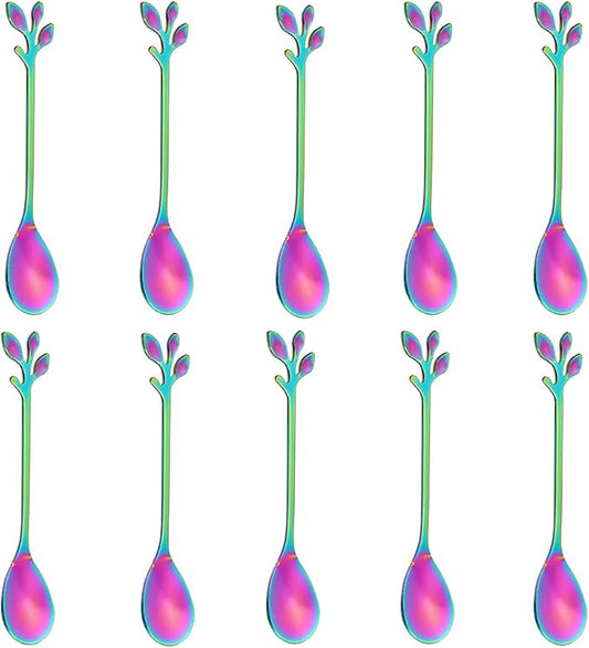 AnSaw Elegant Rainbow Leaf Coffee Spoons - 10-Piece, 4.7" Mini Stainless Steel Espresso & Dessert Tea Spoons, Perfect for Demitasse & Small Servings by AnSaw
