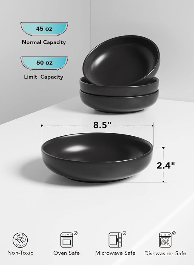 LE TAUCI Pasta Bowls 45 oz, Salad Bowls Set for Serving Soup, Pasta, Noodle, Dinner, Large Kitchen Bowl Plates, Microwave Safe - 8.5 Inch, Set of 4, Matte Black - Image 5