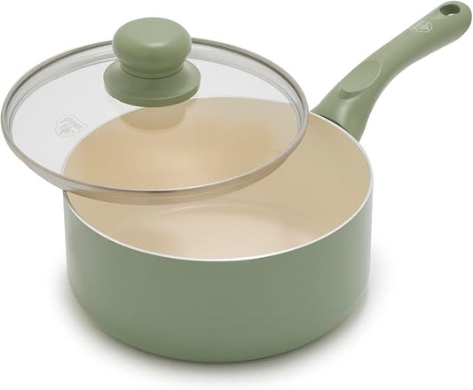 GreenLife 2 Quart Nonstick Saucepan with Lid, Non-Toxic Ceramic Pot, Dishwasher Safe, Stay-Cool Handle, Induction Ready, Fast Heating, PFAS/PFOA Free, Easy Clean, Sage Green by GreenLife